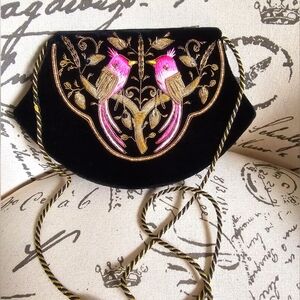 Embroidered Velvet crossbody bag with bird and bead detail EUC